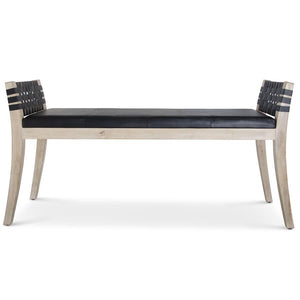 MANGO WOOD BENCH TOPPED W/BLACK LEATHER & WOVEN SIDES- PICK UP ONLY
