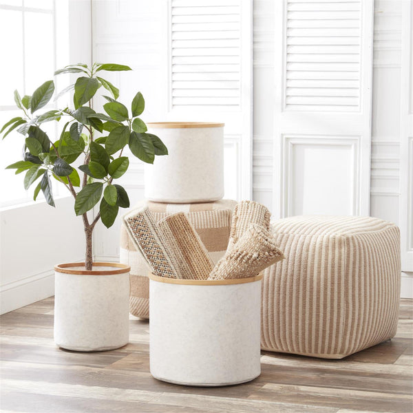 Cream Felt Nesting Baskets W/Bamboo Rims - Large