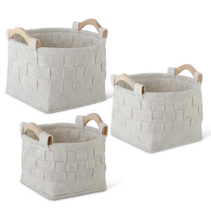 Round Woven Cream Felt Nesting Baskets w/Wood Handles - Small