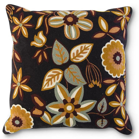 19 Inch Square Black Pillow w/Mustard Cream & Tan Hand Embroidered Floral