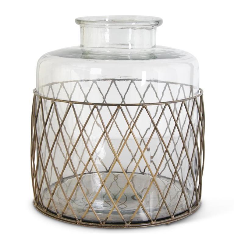 CLEAR GLASS CONTAINER IN GOLD WIRE BASKET
