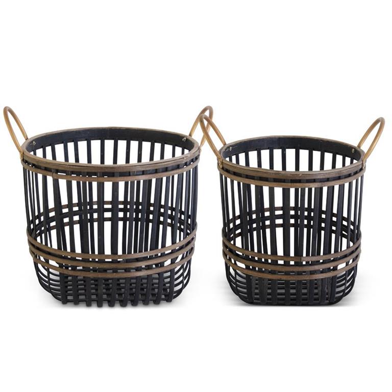 Brown Wood Slat Woven Nesting Basket W/ Gold Metal Handle- Small