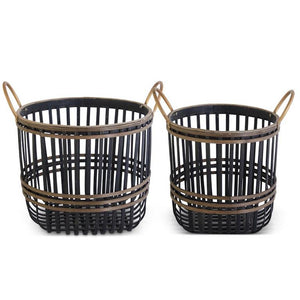 Brown Wood Slat Woven Nesting Basket W/ Gold Metal Handle- Large