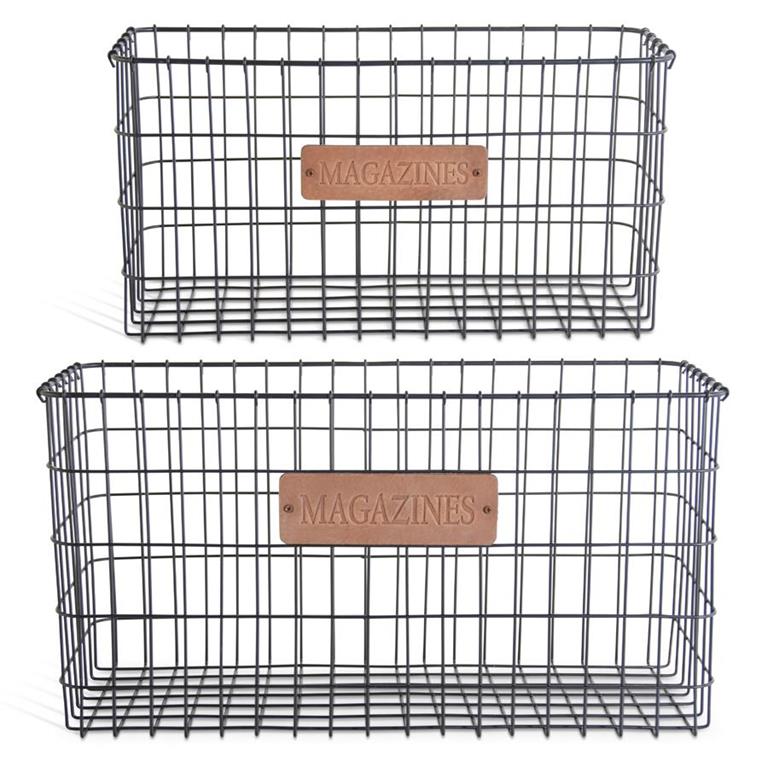 Black Metal Wire Nesting Baskets W/ Leather Magazines Label- Large
