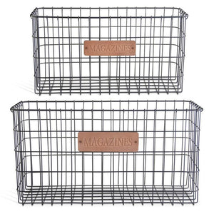 Black Metal Wire Nesting Baskets W/ Leather Magazines Label- Large