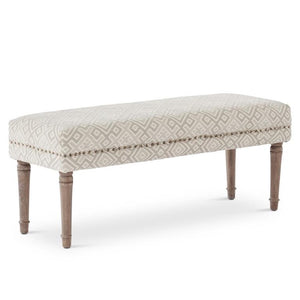 Cream & White Jacquard Upholstered Mango Wood Bench -Pick Up Only-