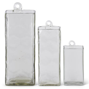 Hand- Blown Square Clear Glass Hanging Vase- Medium