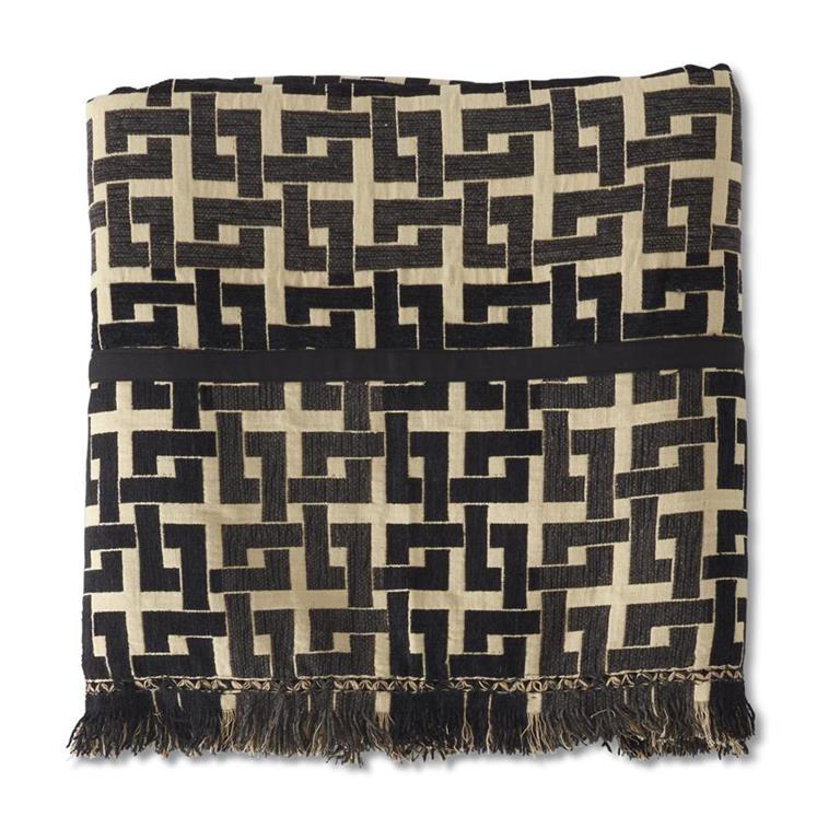 90 Inch Cream & Black Geometric Woven Linen Throw Blanket w/Fringe