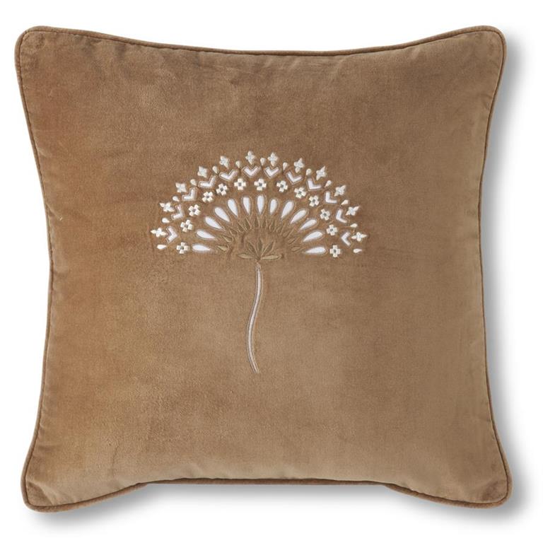 SQUARE BEIGE COTTON VELVET W/EMBROIDERED FLOWER PILLOW