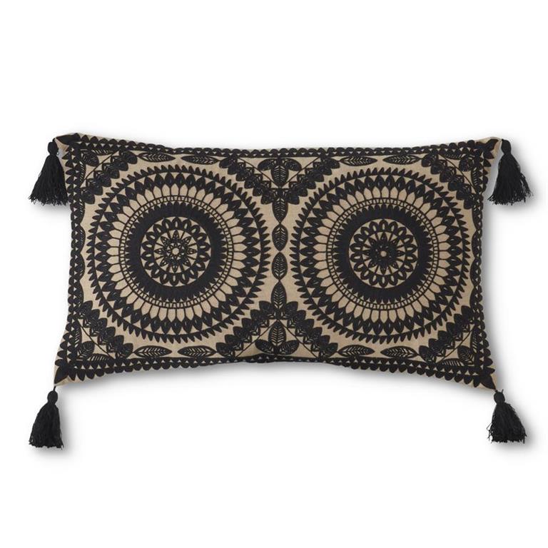 Black & Cream Embroidered Mandala Pillow W/ Tassles