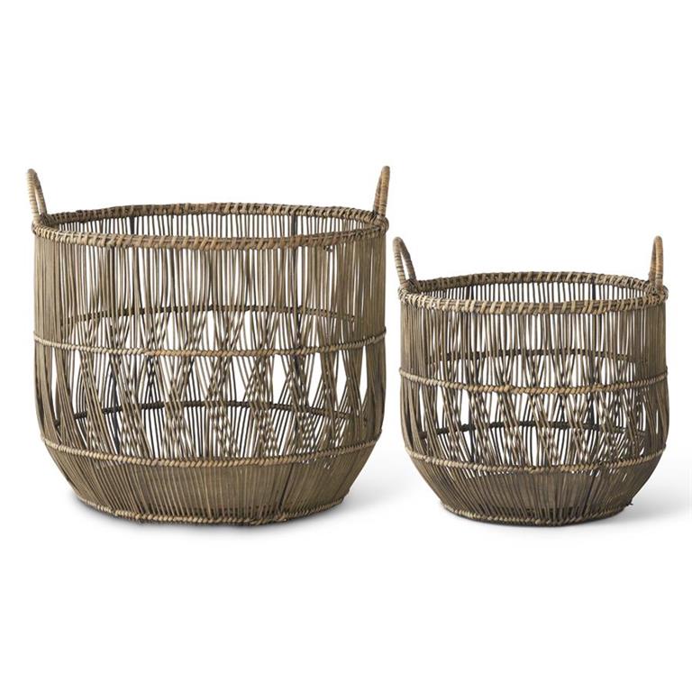 Gray Washed Rattan Nesting Baskets w/Handles - Large