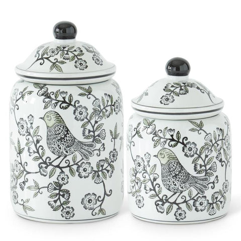 11.25 Inch Black White & Green Bird Print Porcelain Lidded Container