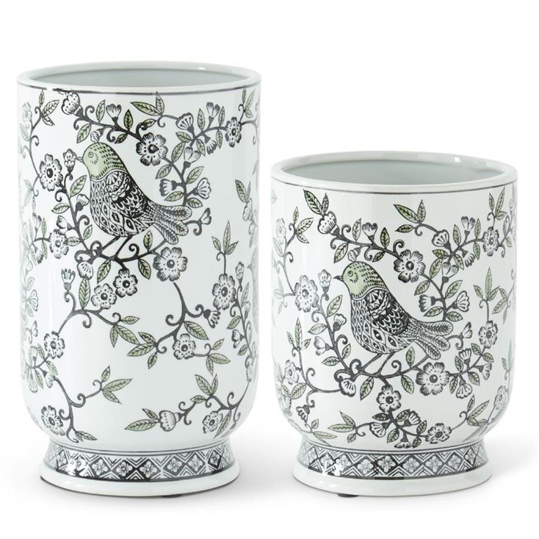 8.5 Inch Black White & Green Bird Print Porcelain Container