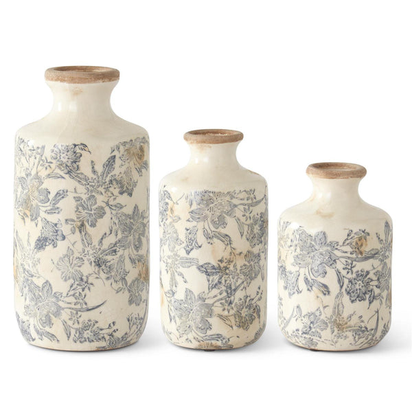 8.25 Inch White & Gray Floral Ceramic Vase