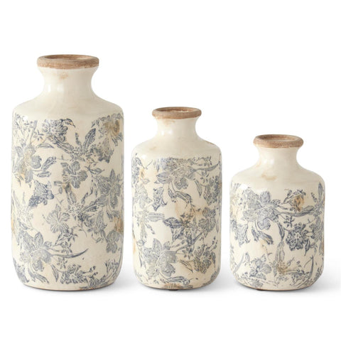 10.5 Inch White & Gray Floral Ceramic Vase