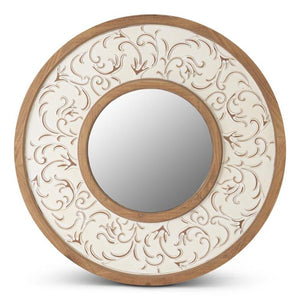 ROUND NATURAL & WHITEWASHED EMBOSSED SCROLL FRAMED WALL MIRROR