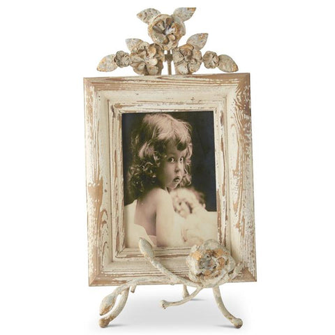15 Inch Distressed Cream Metal Photo Frame w/Floral Easel Stand