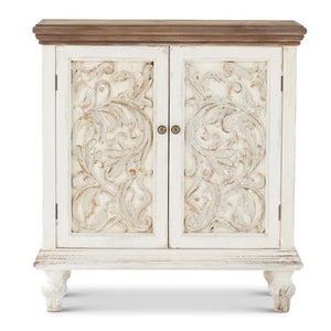 WHITEWASHED CABINET W/DISTRESSED LIGHT BLUE FILIGREE DOORS-PICK UP ONLY