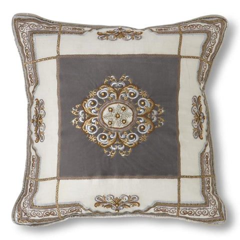 Square Ivory Linen & Velvet Pillow W/ Gray Center & Beaded Appli