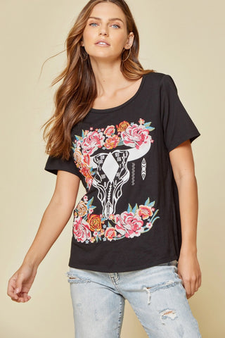 Savanna Jane Printed Cow Skull Tee with Floral Embroidery