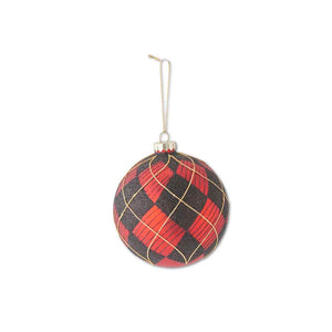 4.5 Inch Round Glass Red/Black and Gold Plaid Ornament