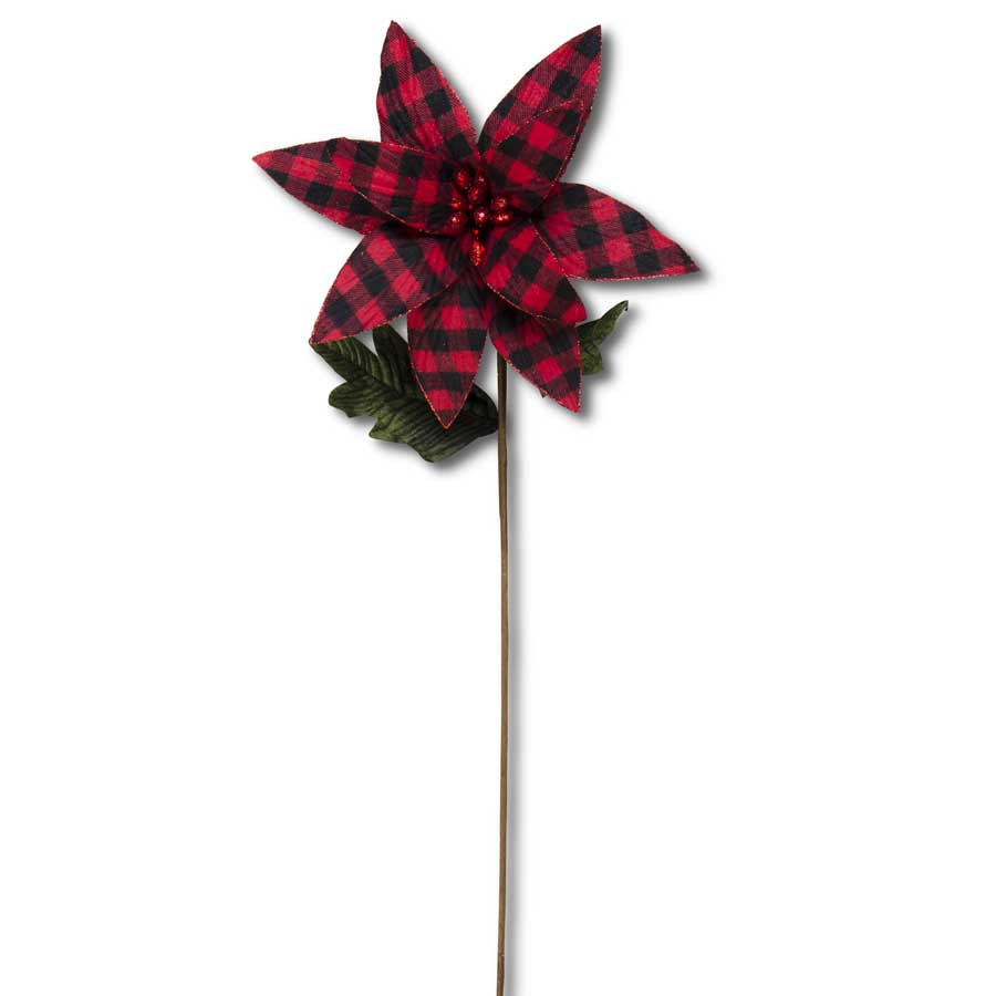 30 Inch Red and Black Buffalo Check Poinsettia Stem