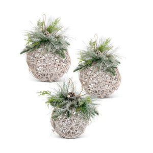 Whitewashed Woven Twig Balls with Greenery - Large