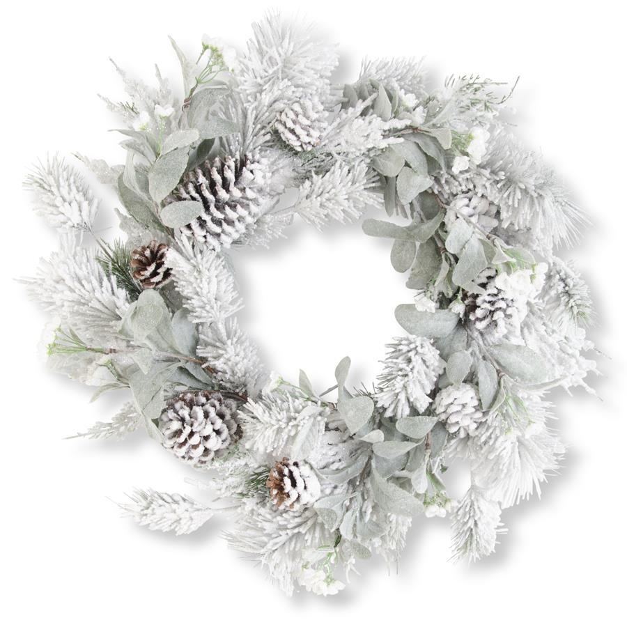 24 Inch Glittered Flocked Pine wreath with Lambs Ear