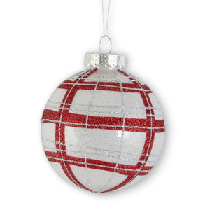 6 inch glittered red and silver plaid glass ornament