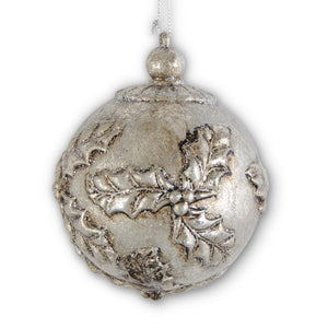 5 Inch Glittered Metallic Pewter Holly Embossed  Shatterproof Ornament