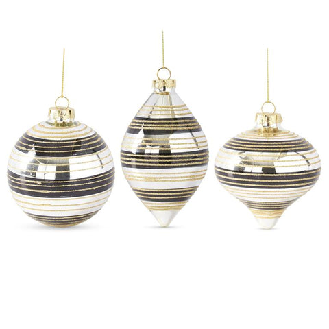 Mirrored Glass Ornaments w/Black & Gold Glittered Stripes - 3 Styles