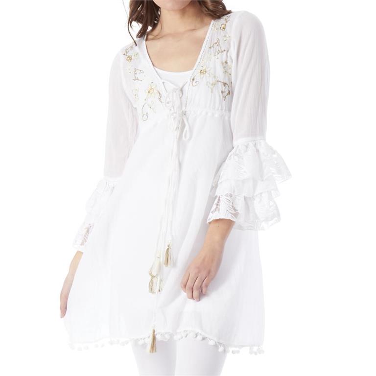 White Tunic W/ Tan Floral Embroidery & Beading