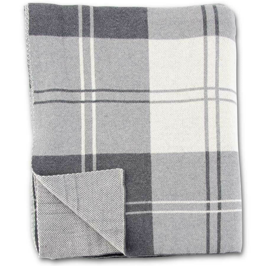 63 Inch Cotton Knit Gray & Cream Tartan Plaid Throw Blanket