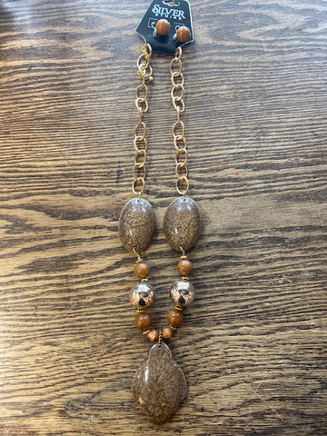 Silver Strike Brown Glass & Gold Necklace Set