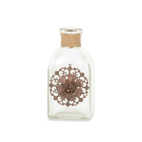 5" Square Glass Bottle w/Metal Flower Detail