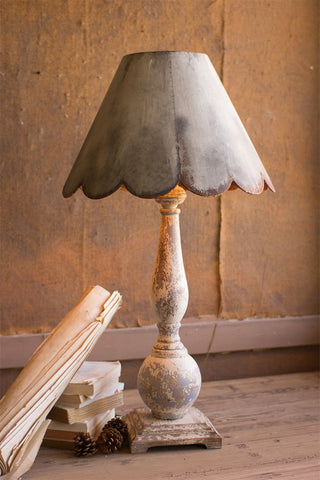 table lamp \ wood base with rustic scalloped metal shade