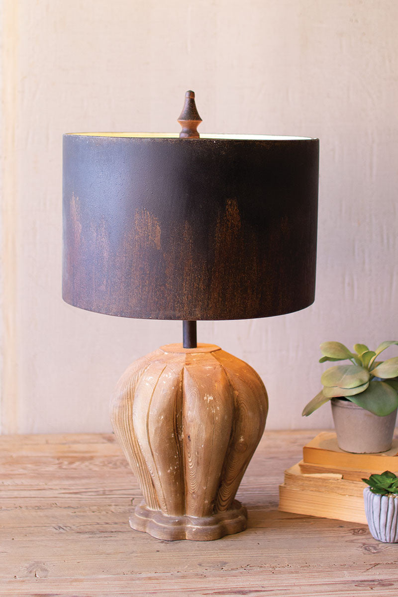 table lamp with natural wooden base & dark metal barrel shade