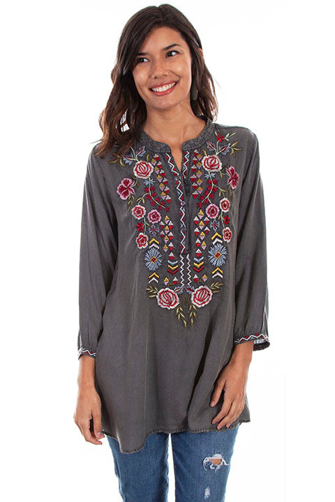 Scully Charcoal Embroidered Front Tunic!!-DROP SHIP