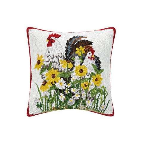 Daisies, Rooster & Hen Hooked Pillow