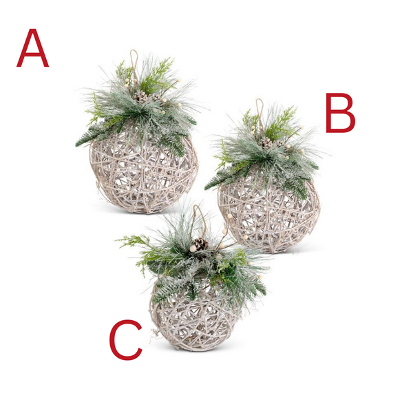 Whitewashed Woven Twig Balls with Greenery - Large