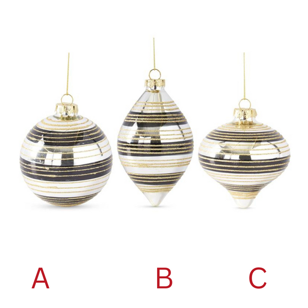 Mirrored Glass Ornaments w/Black & Gold Glittered Stripes - 3 Styles
