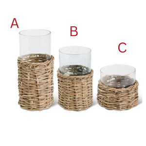 Clear Glass Cylinders in Woven Rattan Basket - Small
