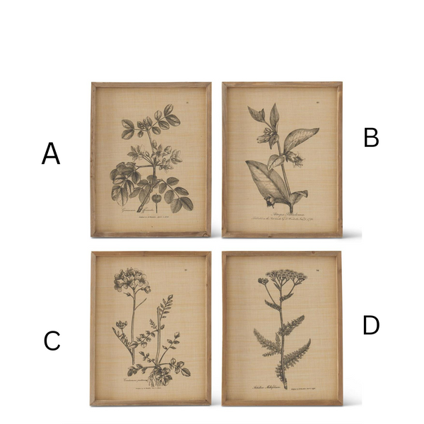 Assorted Natural Wood Framed Floral Prints on Woven Backing - 4 Styles