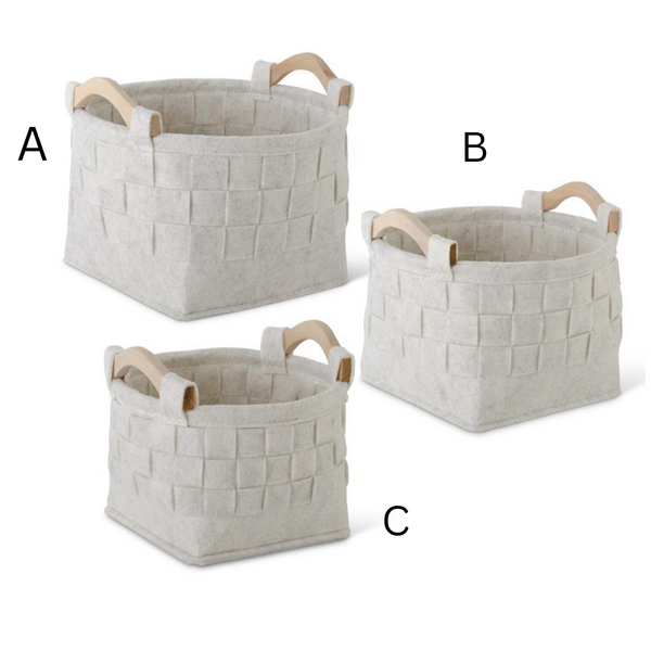 Round Woven Cream Felt Nesting Baskets w/Wood Handles - Medium