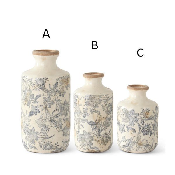 8.25 Inch White & Gray Floral Ceramic Vase