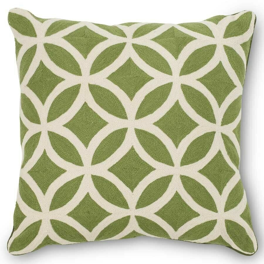 19" Green Woven Pillow w/Cream Geometric Circle and Diamond Pattern
