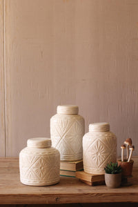 Ivory Ceramic Canister W Geometric Pattern- Small