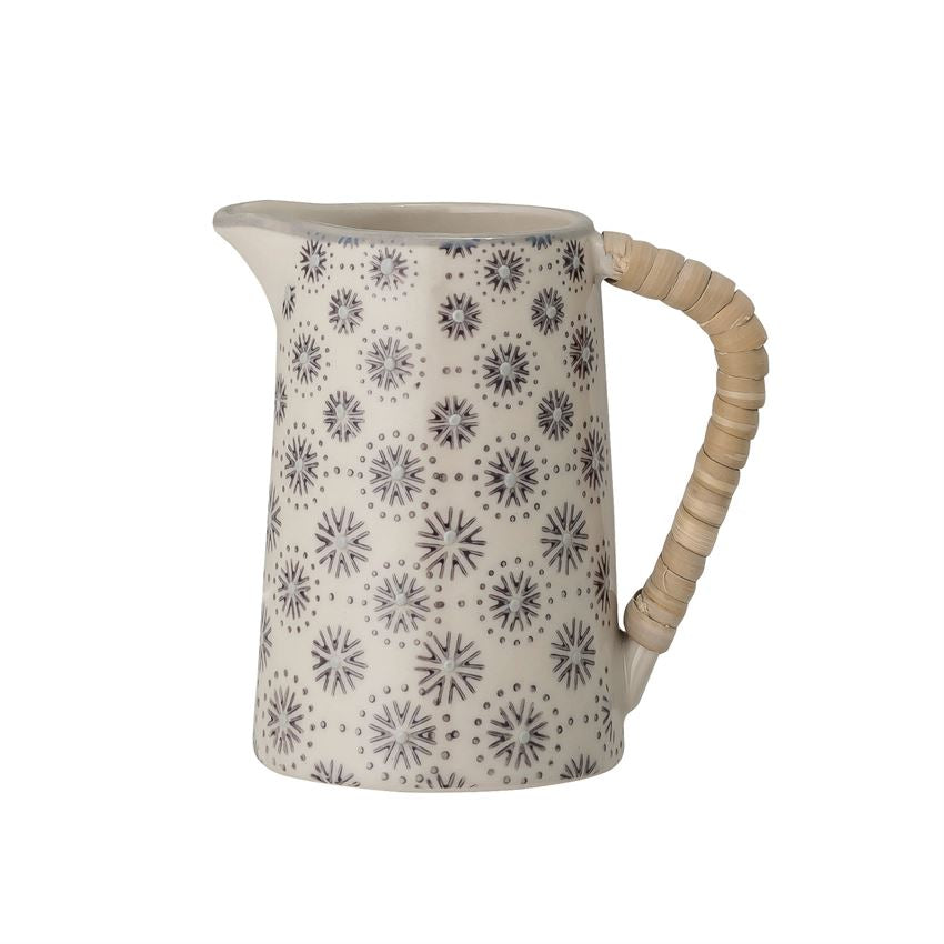 Cream Color 4 oz. Stoneware Creamer with Grey Hand-Stamped Pattern & Rattan Wrapped Handle
