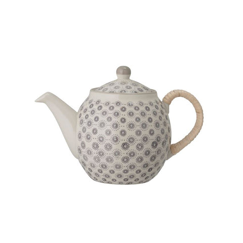Stoneware Teapot with Grey Hand-Stamped Pattern & Rattan Wrapped Handle