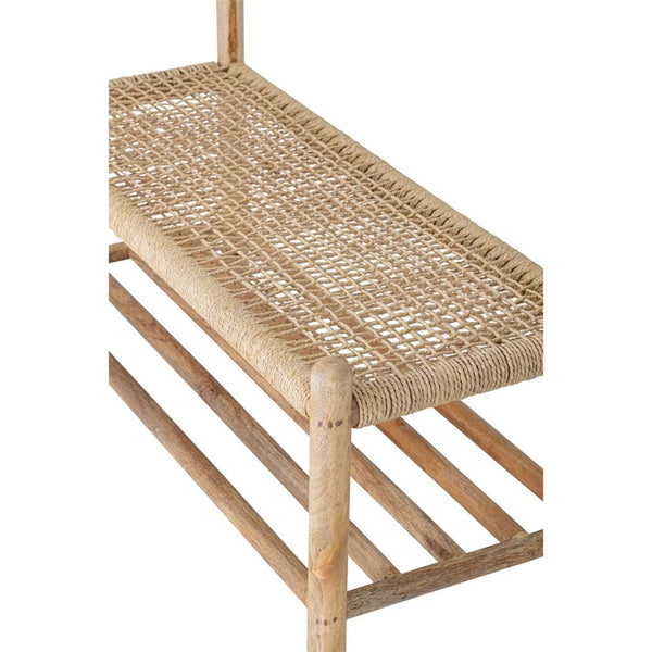 Rattan & Woven Jute Rope Bench with 4 Hooks & 1 Shelf, Pick Up Only
